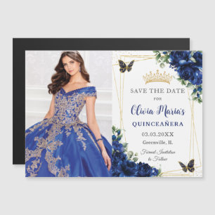 Invitation Magnétique Royal Blue Floral Quinceañera Photo Enregistrer la