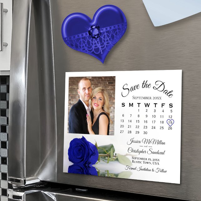 Invitation Magnétique Royal Blue Rose Calendrier & Photo Date d'enregist (Magnetic for easy display!)