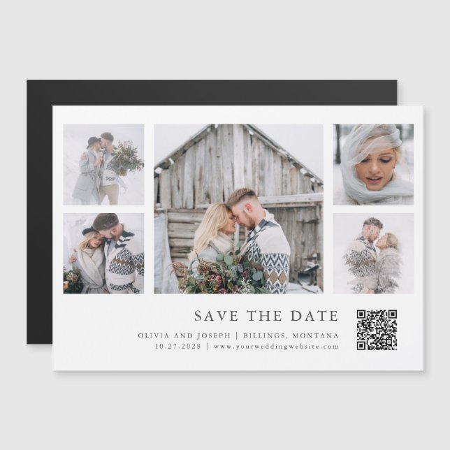 Invitation Magnétique Rustic Chic Multi Photo Grid QR Code Enregistrer l (Devant / Derrière)