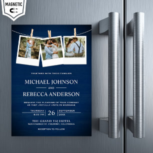 Invitation Magnétique Rustic Navy Blue Barn Wood Photo Collage Wedding