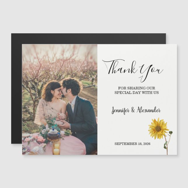 Invitation Magnétique Rustic sunflower floral photo Thank You (Devant / Derrière)