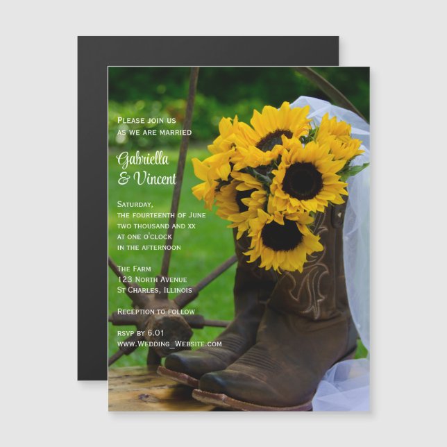 Invitation Magnétique Rustic Sunflowers and Cowboy Boots Western Wedding (Devant / Derrière)