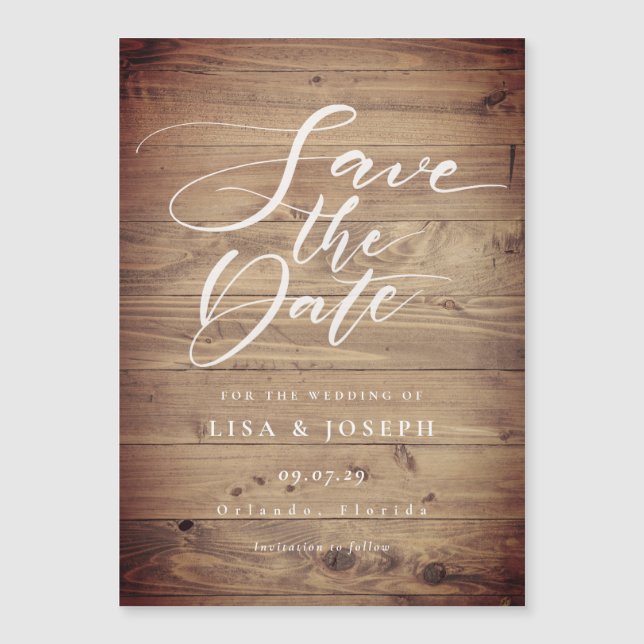 Invitation Magnétique Rustic Wood Country Script Enregistrer la date (Devant)