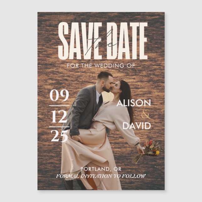 Invitation Magnétique Rustic Wood Magazine Photo Save the Date Mariage (Devant)