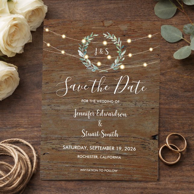 Invitation Magnétique Rustic wood string lights Save the Date (Rustic wood string of lights Save the Date Magnetic Invitation. For your rustic country wedding.)