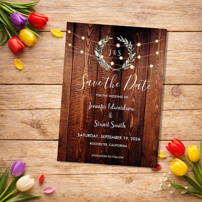 Invitation Magnétique Rustic wood string lights Save the Date (Rustic wood string lights Save the Date Magnetic Invitation.)