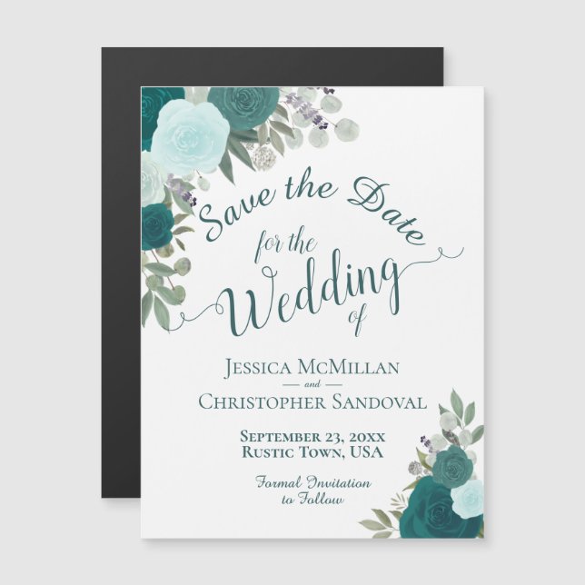 Invitation Magnétique Rustique Turquoise Boho mariage floral Enregistrer (Devant / Derrière)