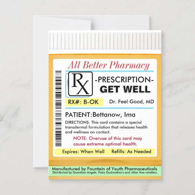 Invitation Magnétique RX Prescription for Health Get Well Card (Recto)