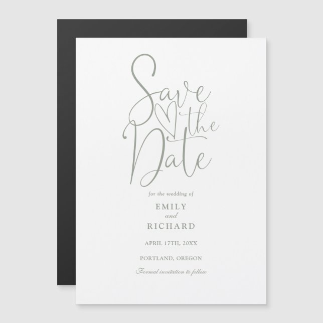 Invitation Magnétique Sage De Script Moderne Mariage Vert Enregistrer La (Devant / Derrière)