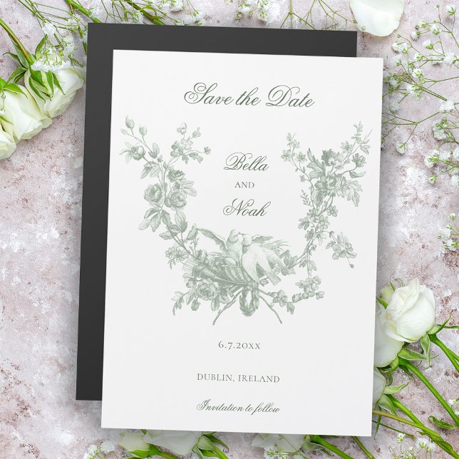 Invitation Magnétique Sage Floral Wreath w/Lovebirds Save the Date (Créateur téléchargé)