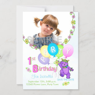 Invitation Magnétique Sauvegarder la date 1er anniversaire Ourson Violet