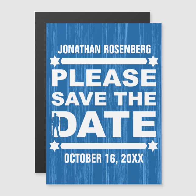 Invitation Magnétique Save the Date Bar Mitzvah Typographie en Gras Bleu (Devant / Derrière)