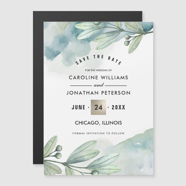 Invitation Magnétique Save the date. Bleu vert Mariage botanique (Devant / Derrière)