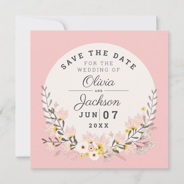 Invitation Magnétique Save the Date chic floral rose poudré  (Devant)