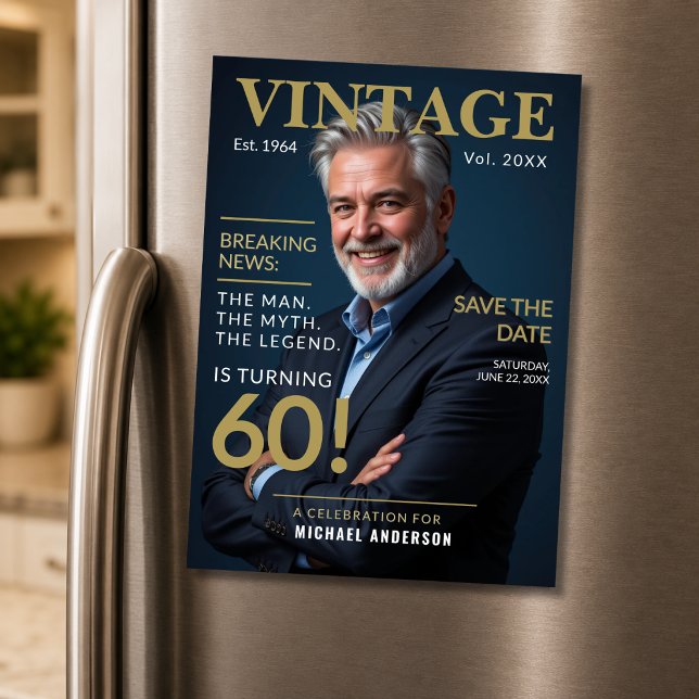Invitation magnétique 'Save the Date' pour 60 ans  (Vintage 60 save the date magnet with luxury navy and gold milestone birthday style.)