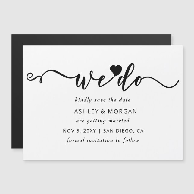 Invitation Magnétique Script Coeur noir et blanc Nous faisons enregistre (Devant / Derrière)