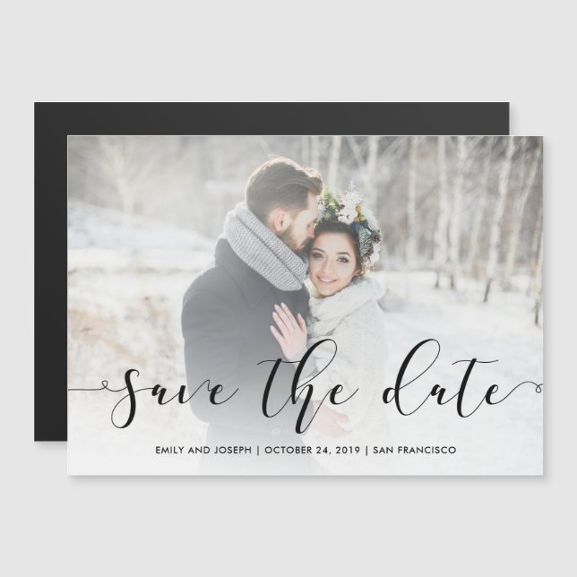 Invitation Magnétique Script d'amour| Black Save the Date with Photo (Devant / Derrière)