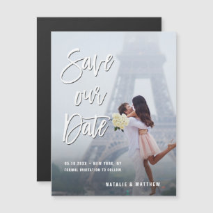 Invitation Magnétique Script manuscrit blanc Enregistrer notre photo de