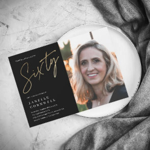 Invitation Magnétique Script minimal Black Gold Photo 60e anniversaire