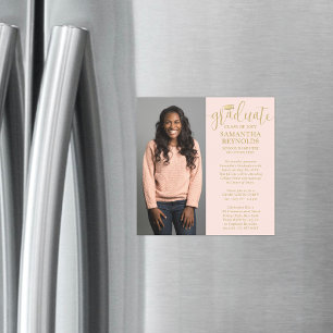 Invitation Magnétique Script moderne Blush Rose & Or 1 Diplôme photo