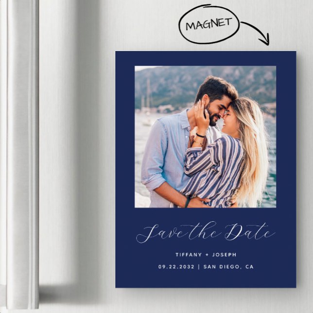 Invitation Magnétique Script photo minimal bleu marine (Créateur téléchargé)