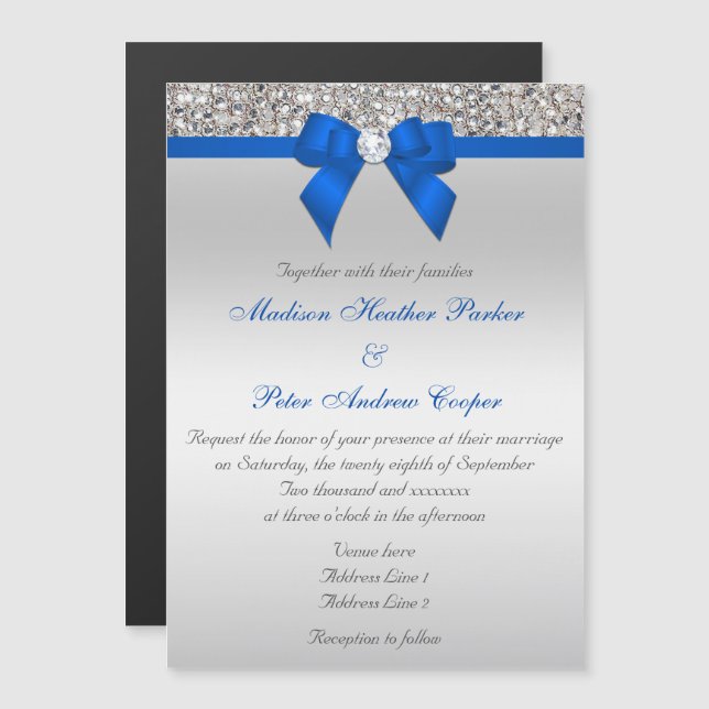 Invitation Magnétique Séquences d'argent de Faux Diamants Bleu de cobalt (Devant / Derrière)