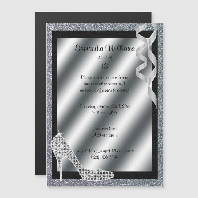 Invitation Magnétique Silver Glittery Stiletto & Streamers 18e anniversa (Devant / Derrière)