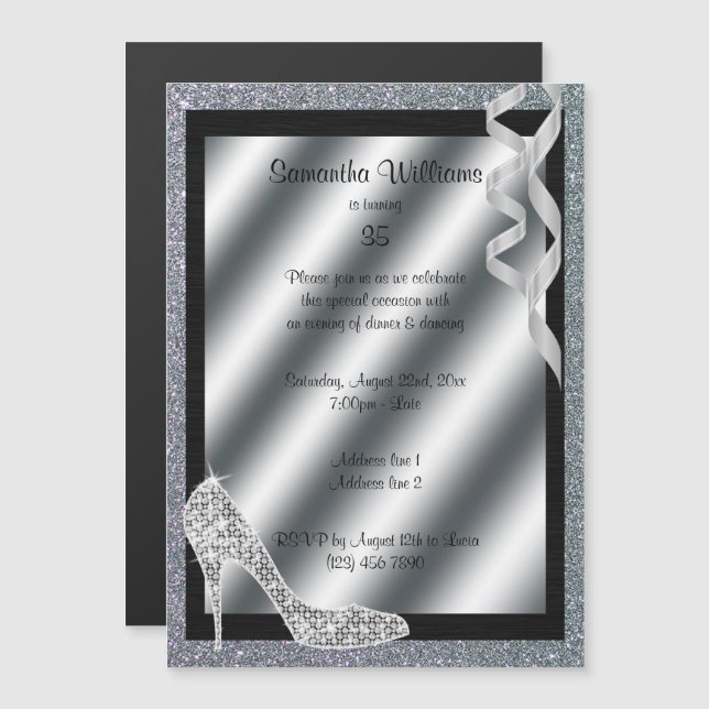 Invitation Magnétique Silver Glittery Stiletto & Streamers 35e anniversa (Devant / Derrière)