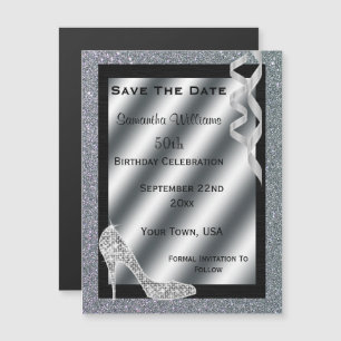 Invitation Magnétique Silver Glittery Stiletto & Streamers 50e anniversa