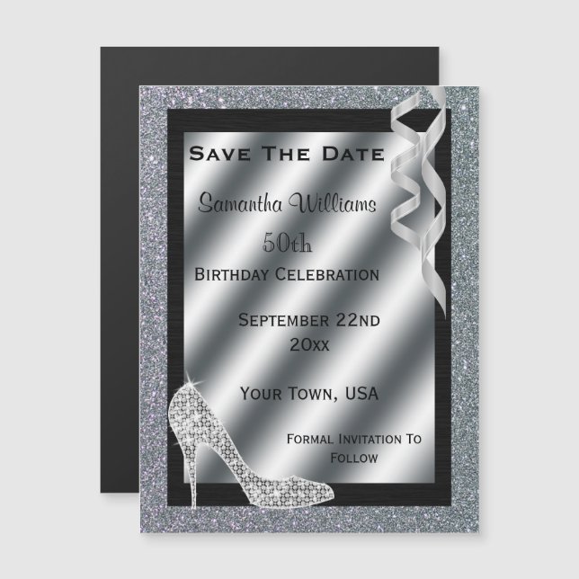 Invitation Magnétique Silver Glittery Stiletto & Streamers 50e anniversa (Devant / Derrière)