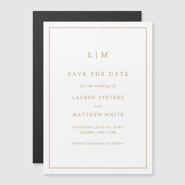 Invitation Magnétique Simple Antique Gold Monogramme Mariage Enregistrer (Devant / Derrière)