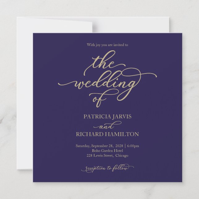 Invitation Magnétique Simple Chic Mariage Or Bleu Nuit (Recto)