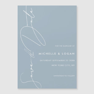 Invitation Magnétique Simple Dusty Blue Modern Script Enregistrer la dat
