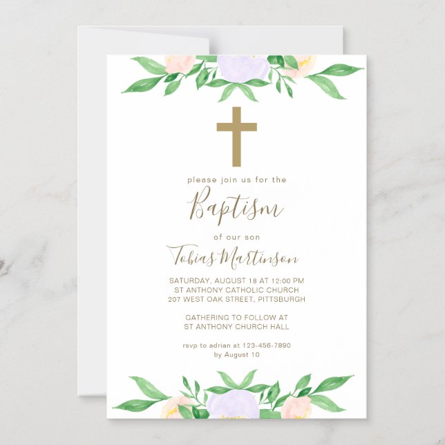 Invitation Magnétique Simple Floral avec Baptême de Croix (Recto)