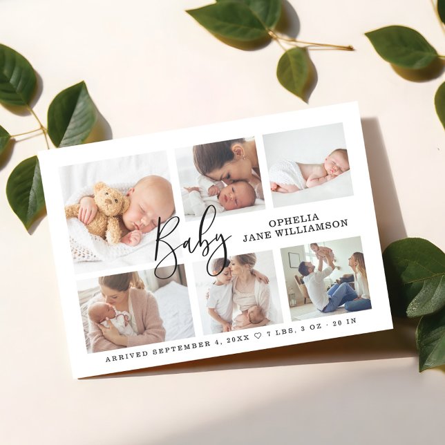 Invitation Magnétique Simple Script Baby Birth Photo Collage Blanc (Simple Script Baby Birth Photo Collage White Magnetic Invitation)