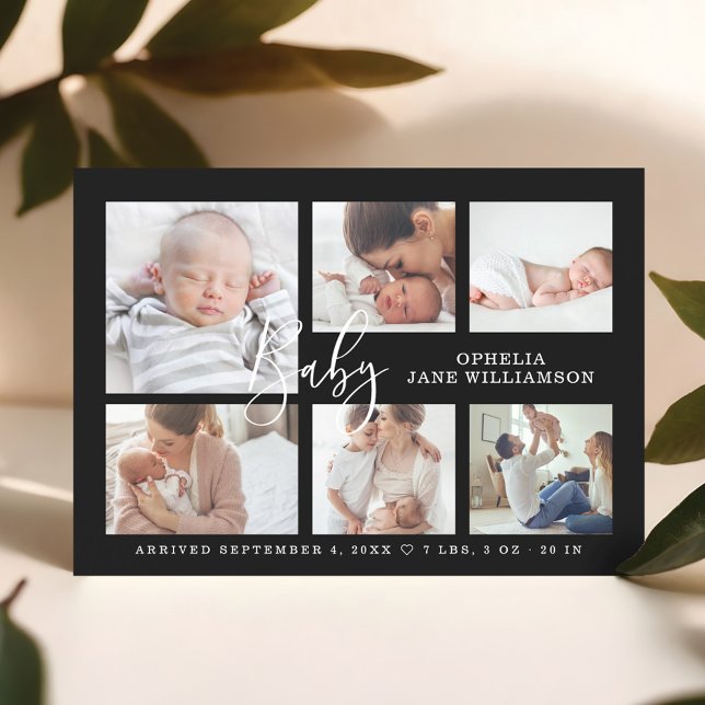 Invitation Magnétique Simple Script Baby Birth Photo Collage noir (Simple Script Baby Birth Photo Collage Black Magnetic Invitation)