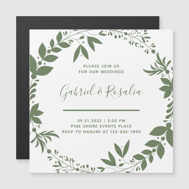 Invitation Magnétique Simple White & Olive Green Wreath Mariage élégant (Devant / Derrière)