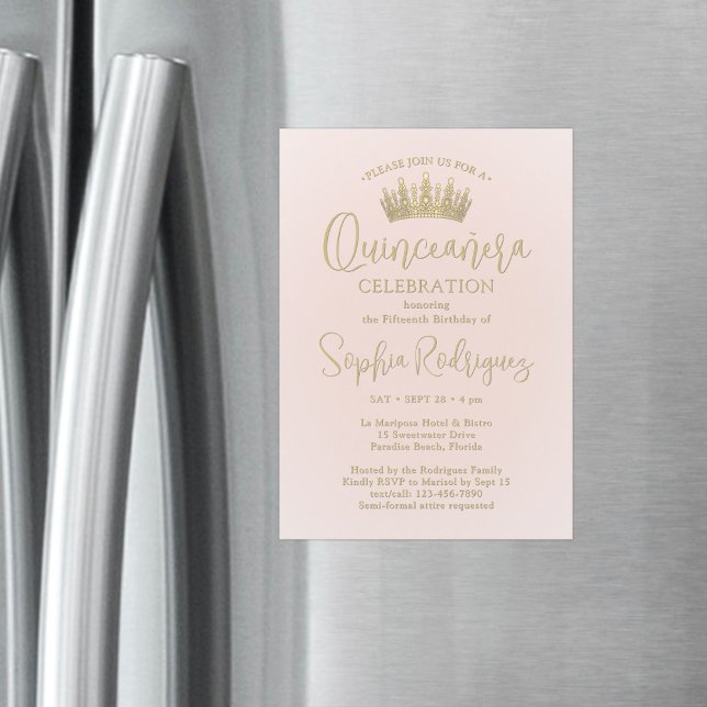 Invitation Magnétique Simply Elegant Quinceañera Crown Blush Pink & Gold (Créateur téléchargé)