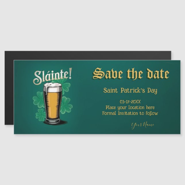 Invitation Magnétique Slàinte ! Saint Patrick's Day Pint of Beer on Gree (Devant / Derrière)