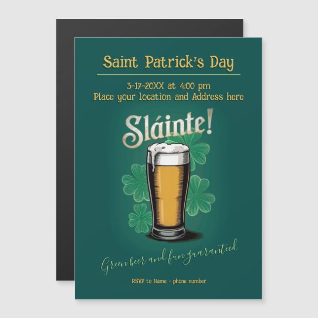 Invitation Magnétique Slàinte ! Saint Patrick's Day Pint of Beer on Gree (Devant / Derrière)