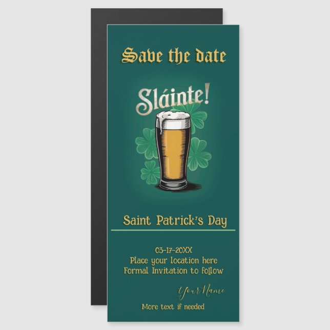 Invitation Magnétique Slàinte ! Saint Patrick's Day Pint of Beer on Gree (Devant / Derrière)