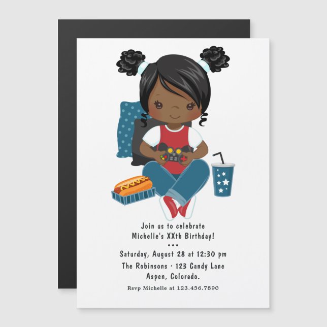 Invitation Magnétique Soirée de jeu vidéo d'anniversaire pour fille (Devant / Derrière)