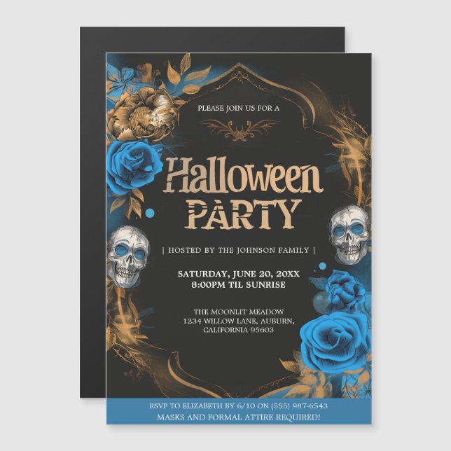 Invitation Magnétique Soirée d'Halloween Bleu & Or (Devant / Derrière)