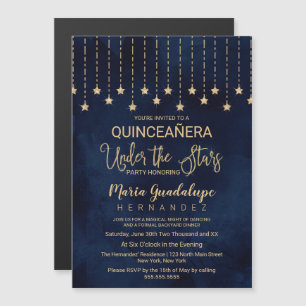 Invitation Magnétique Sous les étoiles Marine Blue Gold Sparkle Quinceañ