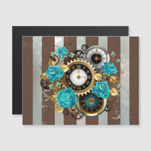 Invitation Magnétique Steampunk Clock and Turquoise Roses on Striped