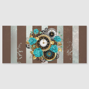 Invitation Magnétique Steampunk Clock and Turquoise Roses on Striped