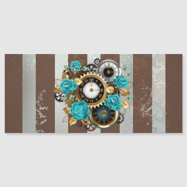Invitation Magnétique Steampunk Clock and Turquoise Roses on Striped (Devant)