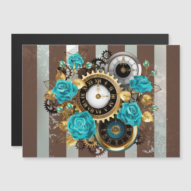 Invitation Magnétique Steampunk Clock and Turquoise Roses on Striped (Devant / Derrière)
