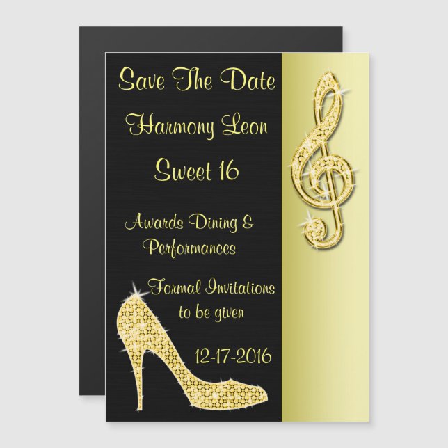 Invitation Magnétique Stiletto Doré & Clé de Sol 16e Enregistrer la Date (Devant / Derrière)
