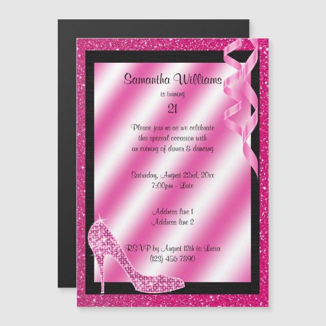 Invitation Magnétique Stiletto et Streamers de Glittery rose 21e anniver (Devant / Derrière)